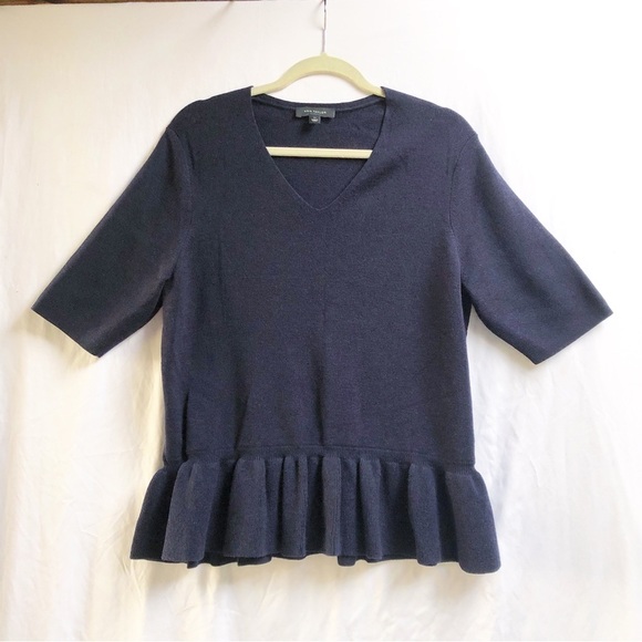 ANN TAYLOR | V-NECK WOOL BLEND SWEATER WITH PEPLUM HEM IN NAVY BLUE XL - Picture 3 of 5